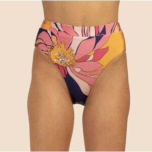 New Washed Trina Turk 'Breeze' Floral-Print High-Waist Bikini Bottom, Multi - 14